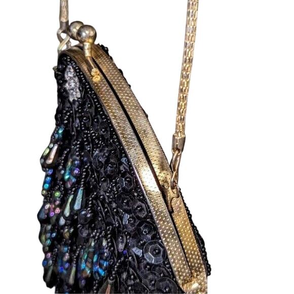 New Black Beaded Sequins Purse Cocktail Long Chain Gold Flower Holiday Event - Picture 3 of 8
